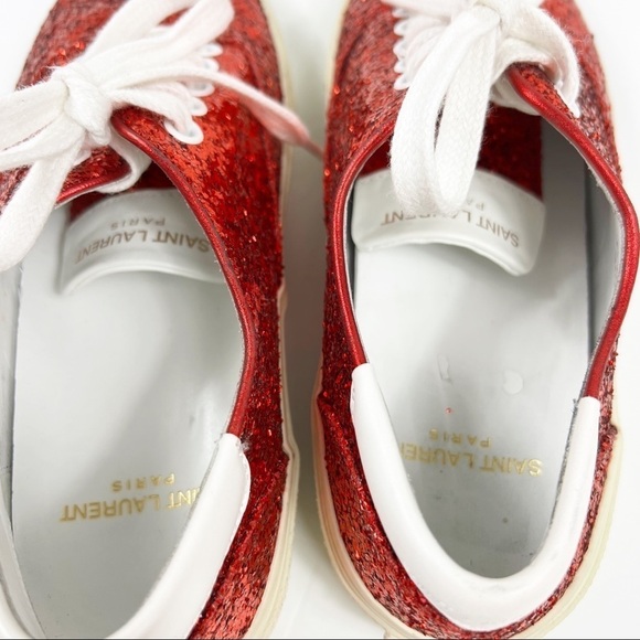 Saint Laurent Skate Red Glitter Sneakers Lace Up Low Top Size 37 - Picture 5 of 10